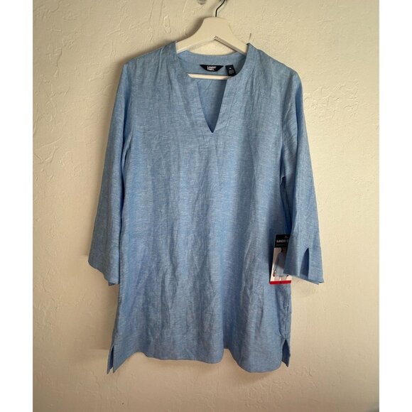 Lands' End Womens Blue Linen Blend Split Neck 3/4 Sleeve Tunic Top Medium NWD - Picture 1 of 10
